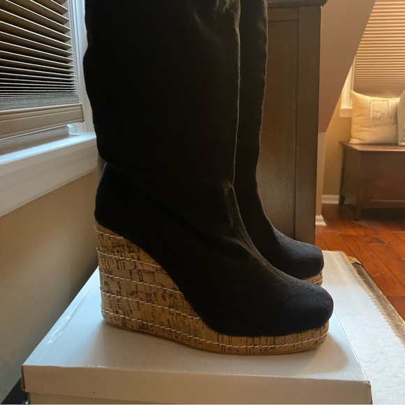 Black cotton knee length boots-size 8 - Picture 2 of 4